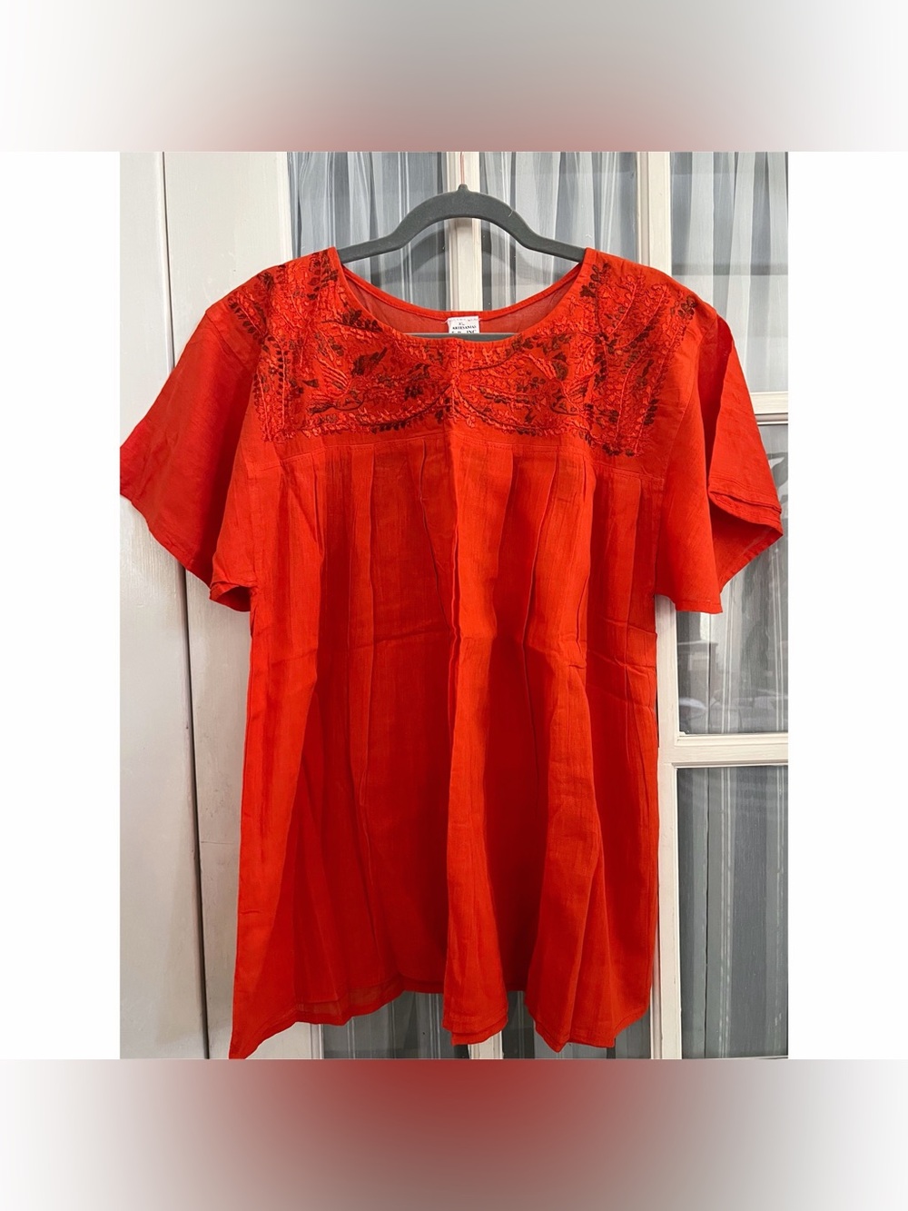 MEXICAN Orange Embroidered Peasant Blouse L/XL
